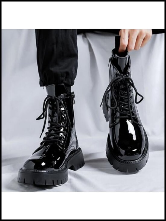 Black Patent Leather Platform Combat Boots Side Zipper Wide Toe Lace Up Chunky main image 6